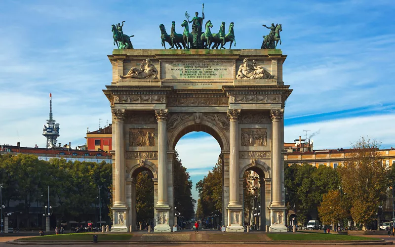 The Arco della Pace in Milan, an iconic neoclassical monument, ideal for first-time visitors exploring the city